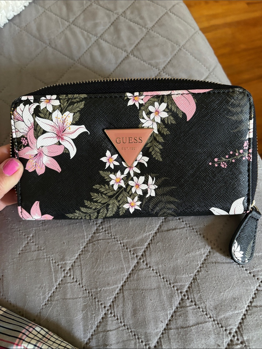 Guess Black Floral Zip Wallet with Pink Accents
